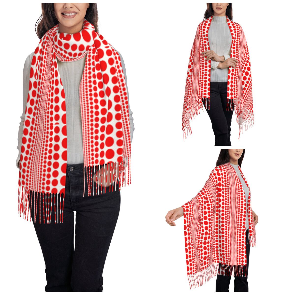 レディース向け、赤い無限大模様のドット柄スカーフ。暖かく冬に - Infinity Scarf Knit のレビューと価格