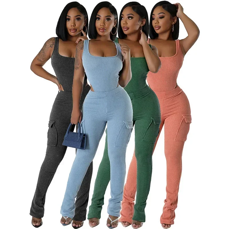 女性用リブニットトップとカーゴパンツセット,カジュアルタンク - Pocket Square Set のレビューと価格